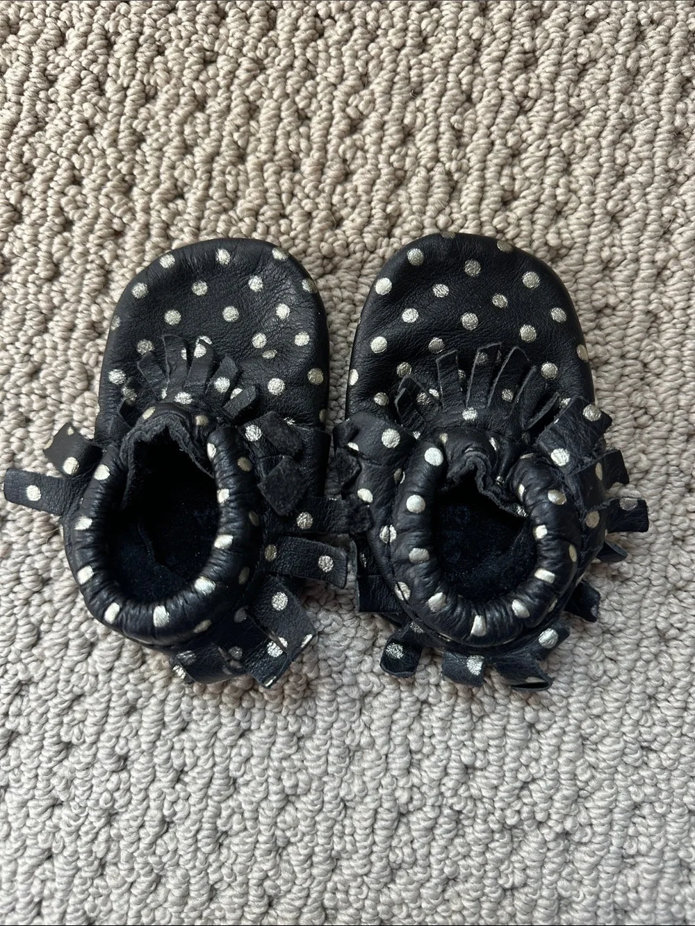 Freshly Picked Black Moccasins with Muted Gold Polka Dots